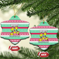 Merry Chickmas Christmas Ceramic Ornament with Yellow Cartoon Birds in Santa Hats and Red Green Snowflake Pattern - Wonder Print Shop