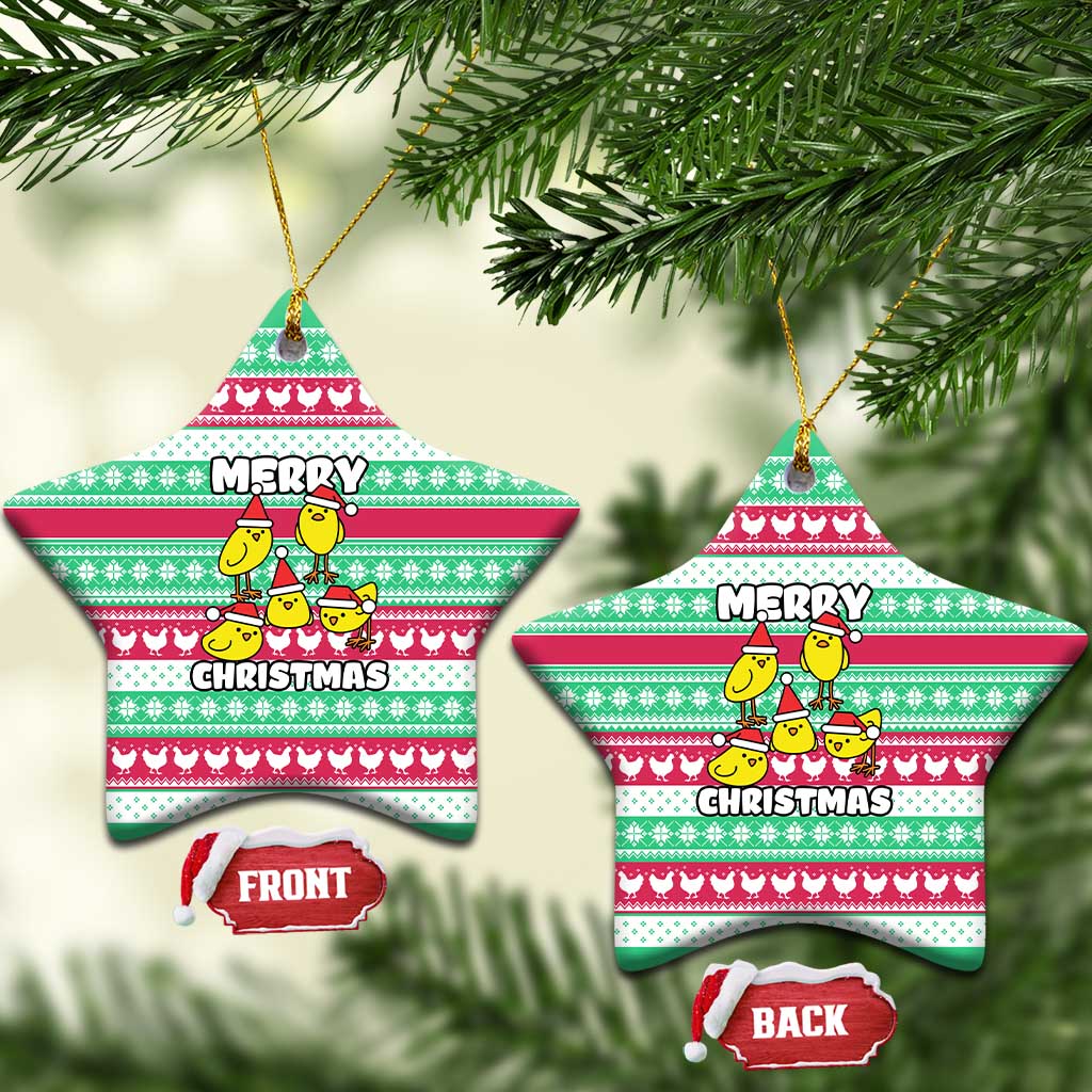 Merry Chickmas Christmas Ceramic Ornament with Yellow Cartoon Birds in Santa Hats and Red Green Snowflake Pattern - Wonder Print Shop