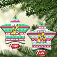 Merry Chickmas Christmas Ceramic Ornament with Yellow Cartoon Birds in Santa Hats and Red Green Snowflake Pattern - Wonder Print Shop