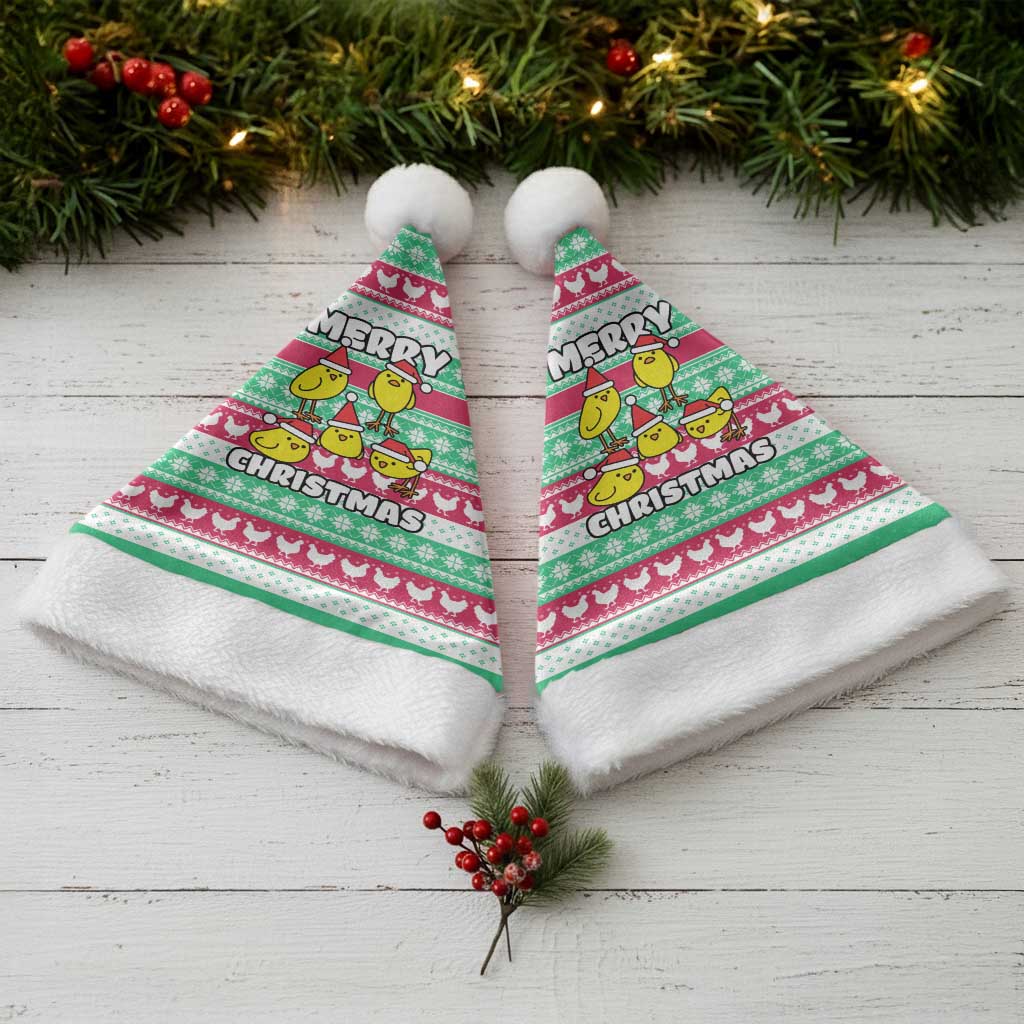 Merry Chickmas Christmas Santa Hat with Yellow Cartoon Birds in Santa Hats and Red Green Snowflake Pattern - Wonder Print Shop