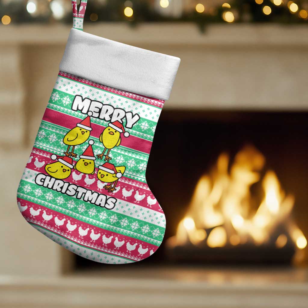 Merry Chickmas Christmas Stocking with Yellow Cartoon Birds in Santa Hats and Red Green Snowflake Pattern - Wonder Print Shop