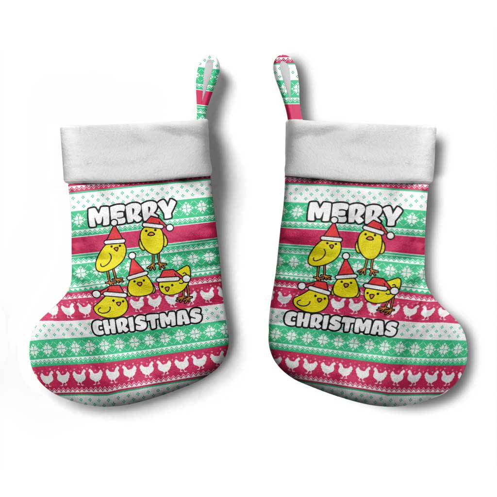 Merry Chickmas Christmas Stocking with Yellow Cartoon Birds in Santa Hats and Red Green Snowflake Pattern - Wonder Print Shop