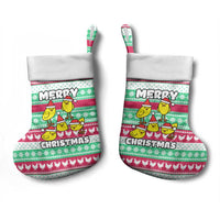 Merry Chickmas Christmas Stocking with Yellow Cartoon Birds in Santa Hats and Red Green Snowflake Pattern - Wonder Print Shop