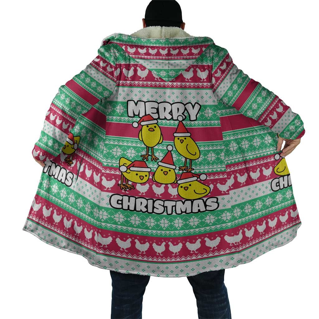 Merry Chickmas Christmas Cloak with Yellow Cartoon Birds in Santa Hats and Red Green Snowflake Pattern - Wonder Print Shop