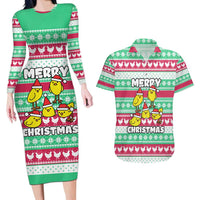 Merry Chickmas Christmas Couples Matching Long Sleeve Bodycon Dress and Hawaiian Shirt with Yellow Cartoon Birds in Santa Hats and Red Green Snowflake Pattern - Wonder Print Shop