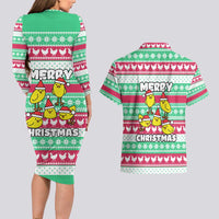 Merry Chickmas Christmas Couples Matching Long Sleeve Bodycon Dress and Hawaiian Shirt with Yellow Cartoon Birds in Santa Hats and Red Green Snowflake Pattern - Wonder Print Shop