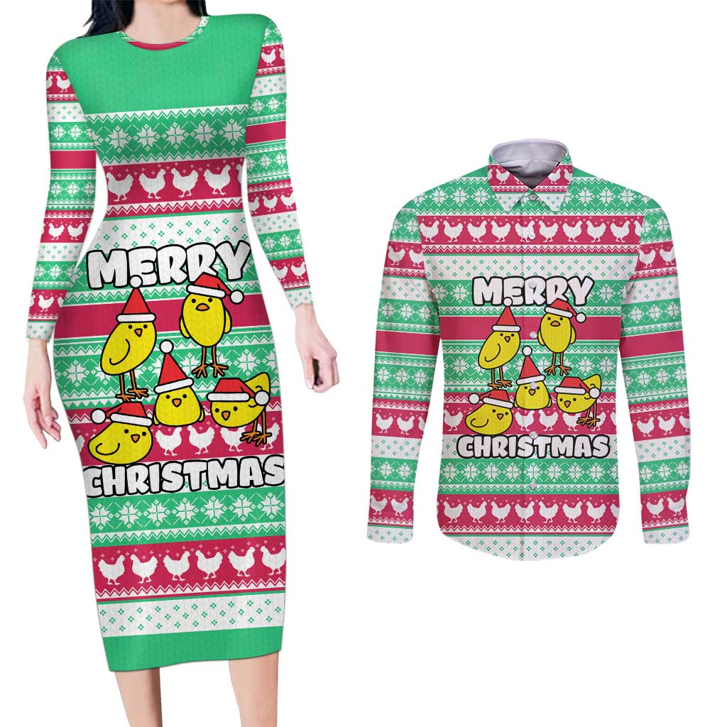 Merry Chickmas Christmas Couples Matching Long Sleeve Bodycon Dress and Long Sleeve Button Shirt with Yellow Cartoon Birds in Santa Hats and Red Green Snowflake Pattern - Wonder Print Shop