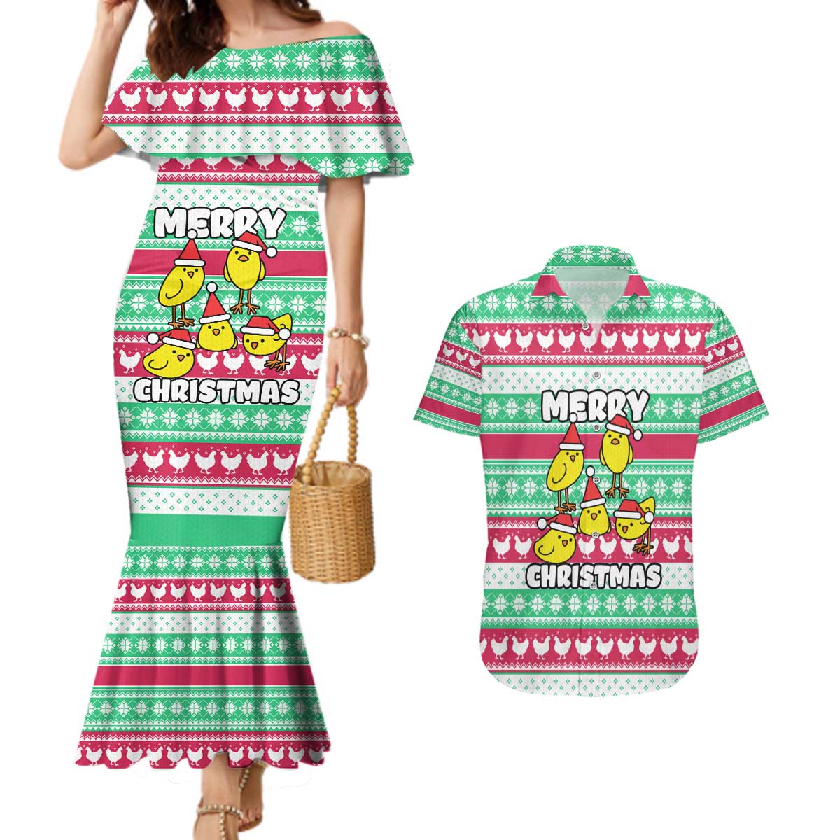 Merry Chickmas Christmas Couples Matching Mermaid Dress and Hawaiian Shirt with Yellow Cartoon Birds in Santa Hats and Red Green Snowflake Pattern - Wonder Print Shop