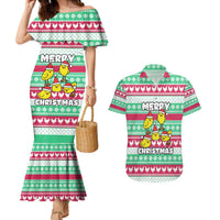 Merry Chickmas Christmas Couples Matching Mermaid Dress and Hawaiian Shirt with Yellow Cartoon Birds in Santa Hats and Red Green Snowflake Pattern - Wonder Print Shop