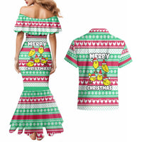 Merry Chickmas Christmas Couples Matching Mermaid Dress and Hawaiian Shirt with Yellow Cartoon Birds in Santa Hats and Red Green Snowflake Pattern - Wonder Print Shop