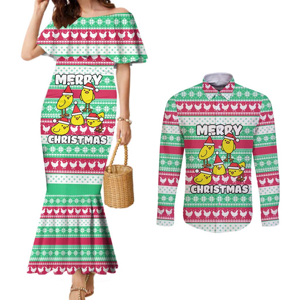 Merry Chickmas Christmas Couples Matching Mermaid Dress and Long Sleeve Button Shirt with Yellow Cartoon Birds in Santa Hats and Red Green Snowflake Pattern - Wonder Print Shop