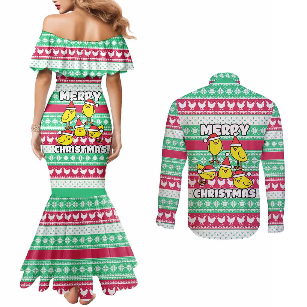 Merry Chickmas Christmas Couples Matching Mermaid Dress and Long Sleeve Button Shirt with Yellow Cartoon Birds in Santa Hats and Red Green Snowflake Pattern - Wonder Print Shop