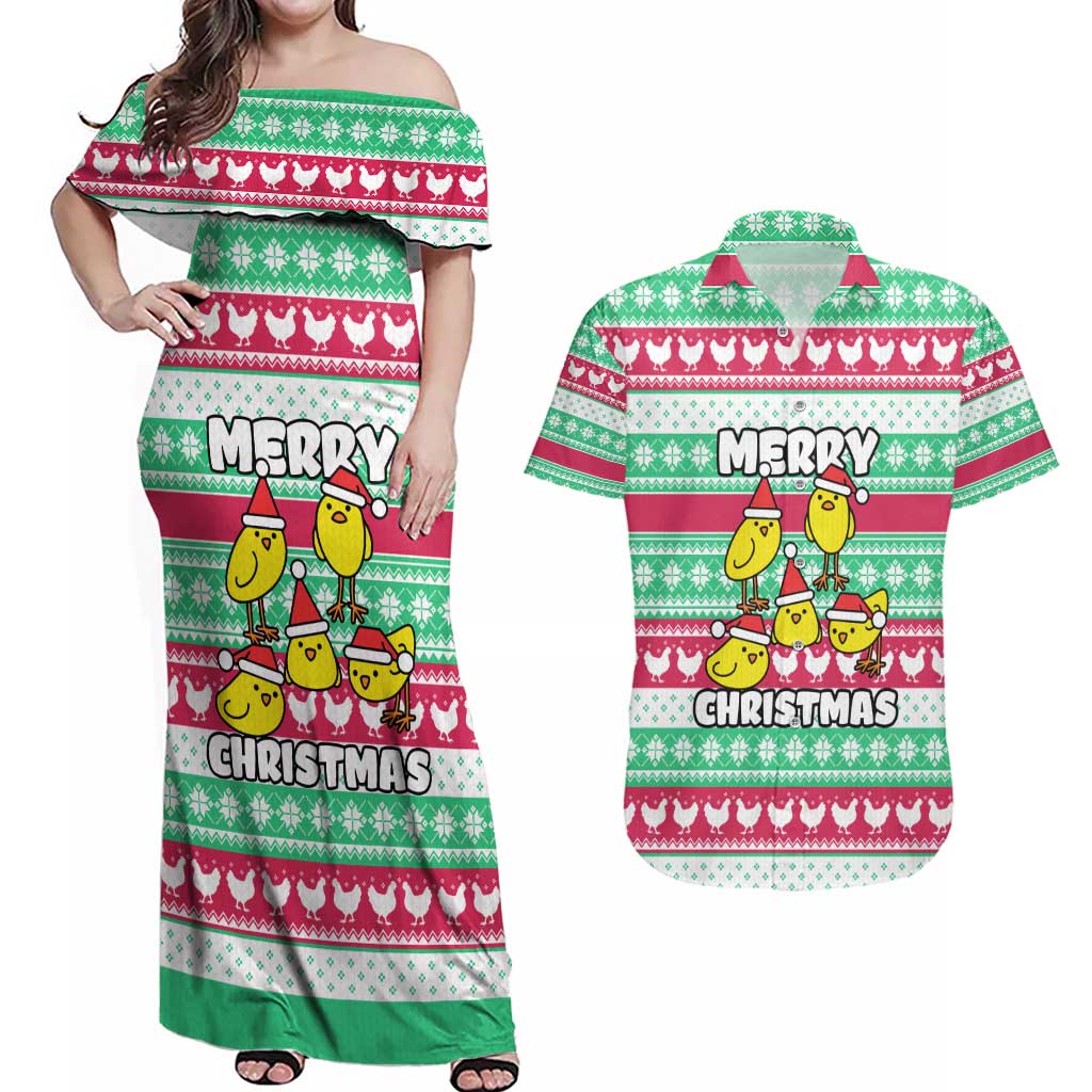 Merry Chickmas Christmas Couples Matching Off Shoulder Maxi Dress and Hawaiian Shirt with Yellow Cartoon Birds in Santa Hats and Red Green Snowflake Pattern - Wonder Print Shop
