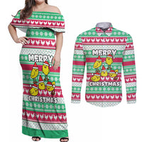 Merry Chickmas Christmas Couples Matching Off Shoulder Maxi Dress and Long Sleeve Button Shirt with Yellow Cartoon Birds in Santa Hats and Red Green Snowflake Pattern - Wonder Print Shop