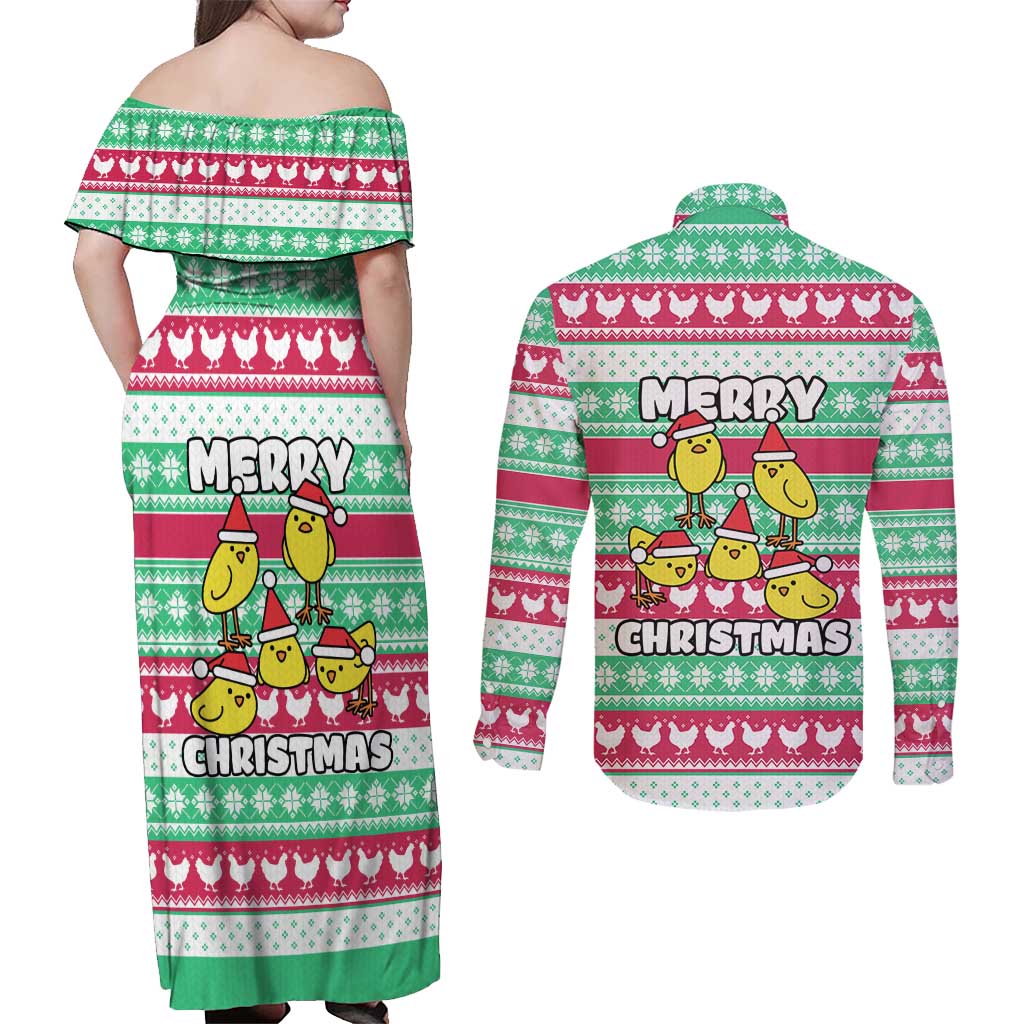 Merry Chickmas Christmas Couples Matching Off Shoulder Maxi Dress and Long Sleeve Button Shirt with Yellow Cartoon Birds in Santa Hats and Red Green Snowflake Pattern - Wonder Print Shop