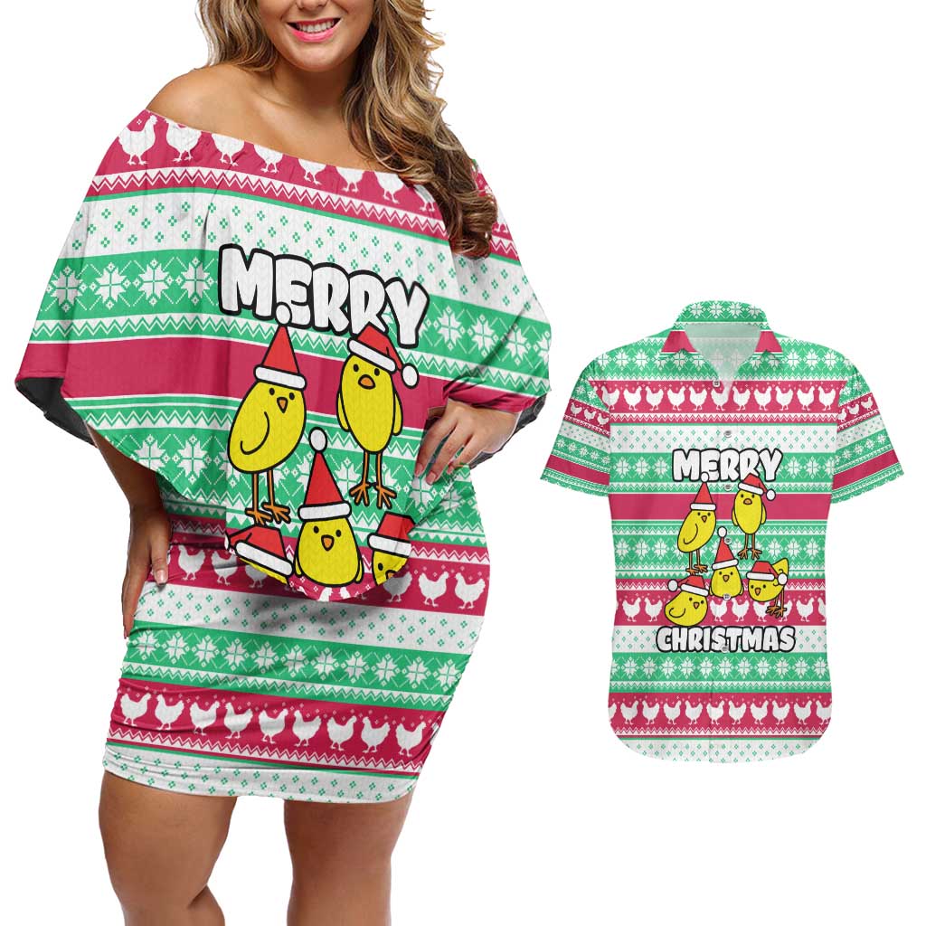 Merry Chickmas Christmas Couples Matching Off Shoulder Short Dress and Hawaiian Shirt with Yellow Cartoon Birds in Santa Hats and Red Green Snowflake Pattern - Wonder Print Shop