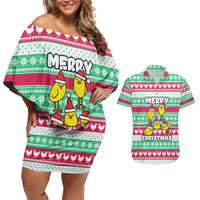 Merry Chickmas Christmas Couples Matching Off Shoulder Short Dress and Hawaiian Shirt with Yellow Cartoon Birds in Santa Hats and Red Green Snowflake Pattern - Wonder Print Shop