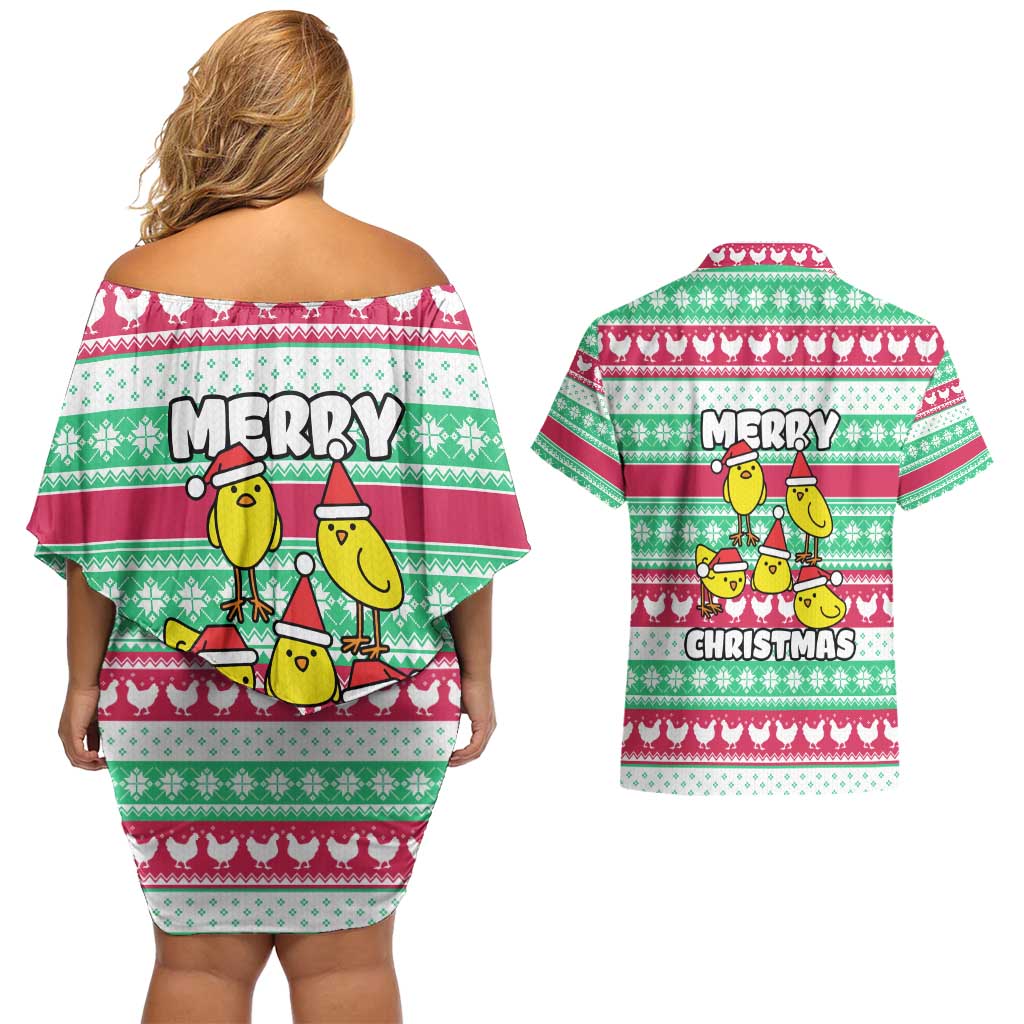 Merry Chickmas Christmas Couples Matching Off Shoulder Short Dress and Hawaiian Shirt with Yellow Cartoon Birds in Santa Hats and Red Green Snowflake Pattern - Wonder Print Shop