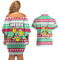 Merry Chickmas Christmas Couples Matching Off Shoulder Short Dress and Hawaiian Shirt with Yellow Cartoon Birds in Santa Hats and Red Green Snowflake Pattern - Wonder Print Shop