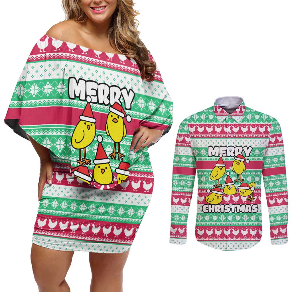Merry Chickmas Christmas Couples Matching Off Shoulder Short Dress and Long Sleeve Button Shirt with Yellow Cartoon Birds in Santa Hats and Red Green Snowflake Pattern - Wonder Print Shop