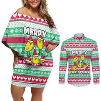Merry Chickmas Christmas Couples Matching Off Shoulder Short Dress and Long Sleeve Button Shirt with Yellow Cartoon Birds in Santa Hats and Red Green Snowflake Pattern - Wonder Print Shop