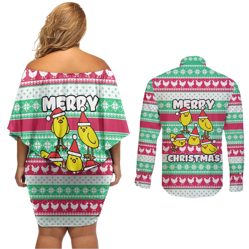 Merry Chickmas Christmas Couples Matching Off Shoulder Short Dress and Long Sleeve Button Shirt with Yellow Cartoon Birds in Santa Hats and Red Green Snowflake Pattern - Wonder Print Shop