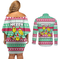 Merry Chickmas Christmas Couples Matching Off Shoulder Short Dress and Long Sleeve Button Shirt with Yellow Cartoon Birds in Santa Hats and Red Green Snowflake Pattern - Wonder Print Shop