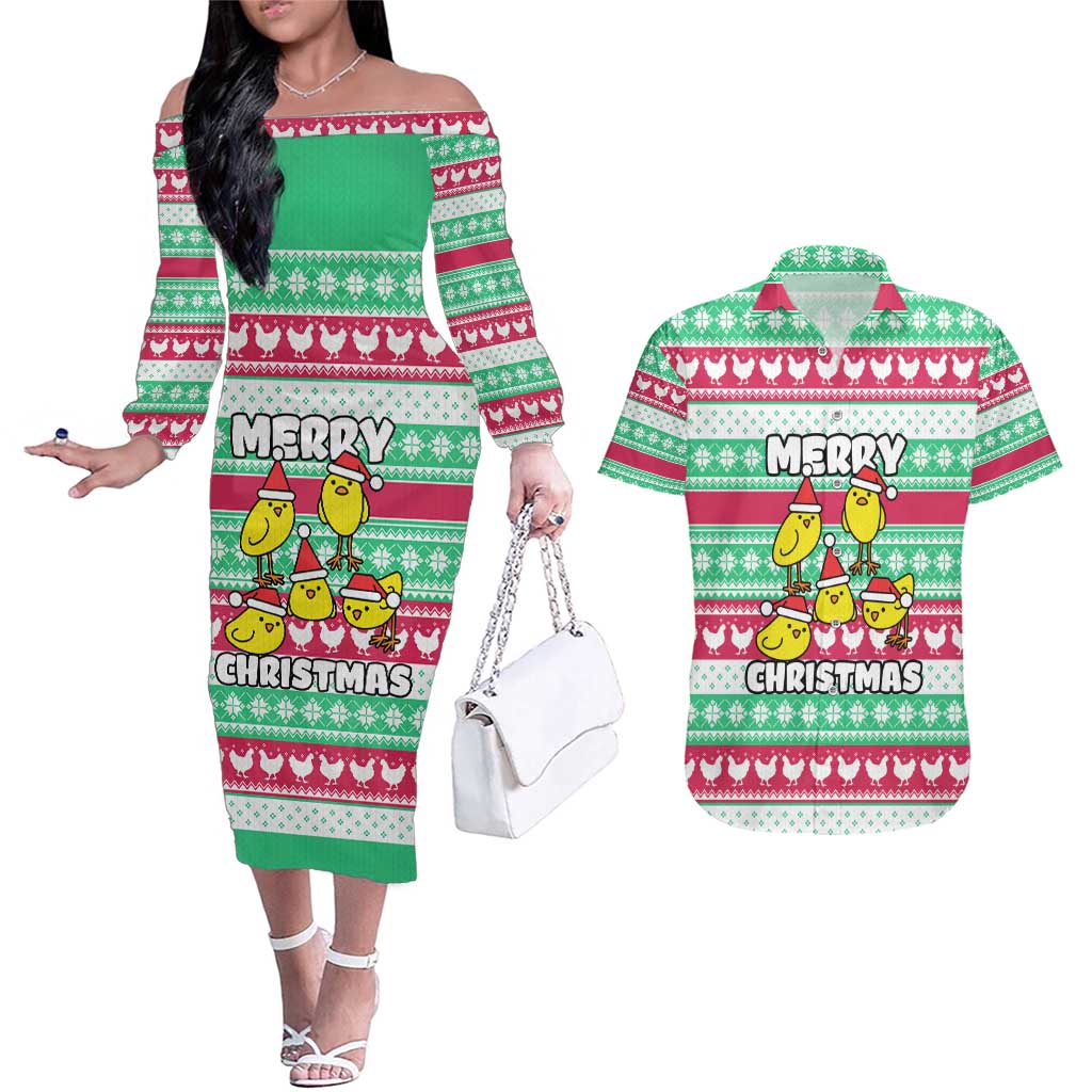 Merry Chickmas Christmas Couples Matching Off The Shoulder Long Sleeve Dress and Hawaiian Shirt with Yellow Cartoon Birds in Santa Hats and Red Green Snowflake Pattern - Wonder Print Shop