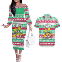 Merry Chickmas Christmas Couples Matching Off The Shoulder Long Sleeve Dress and Hawaiian Shirt with Yellow Cartoon Birds in Santa Hats and Red Green Snowflake Pattern - Wonder Print Shop