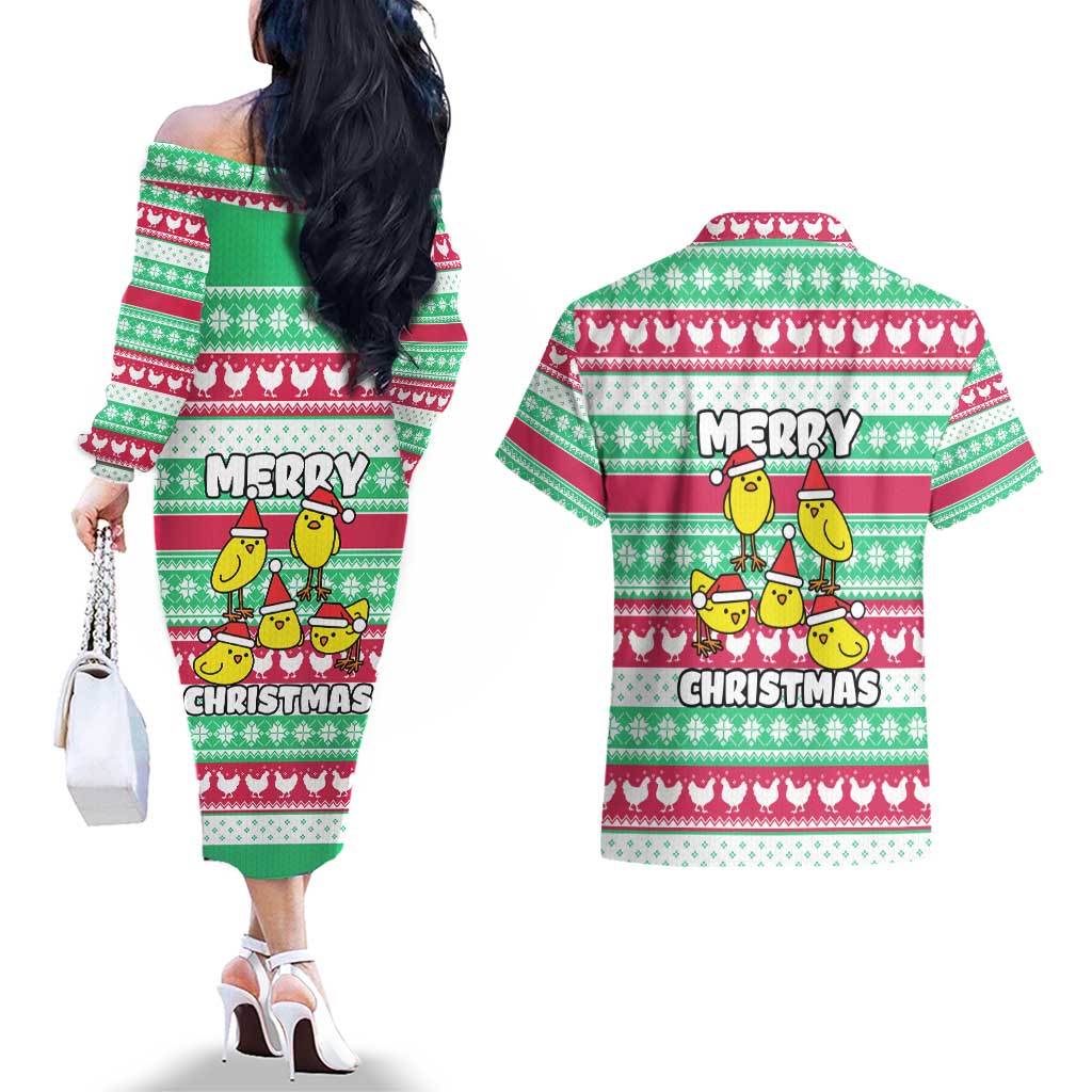 Merry Chickmas Christmas Couples Matching Off The Shoulder Long Sleeve Dress and Hawaiian Shirt with Yellow Cartoon Birds in Santa Hats and Red Green Snowflake Pattern - Wonder Print Shop