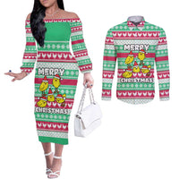 Merry Chickmas Christmas Couples Matching Off The Shoulder Long Sleeve Dress and Long Sleeve Button Shirt with Yellow Cartoon Birds in Santa Hats and Red Green Snowflake Pattern - Wonder Print Shop