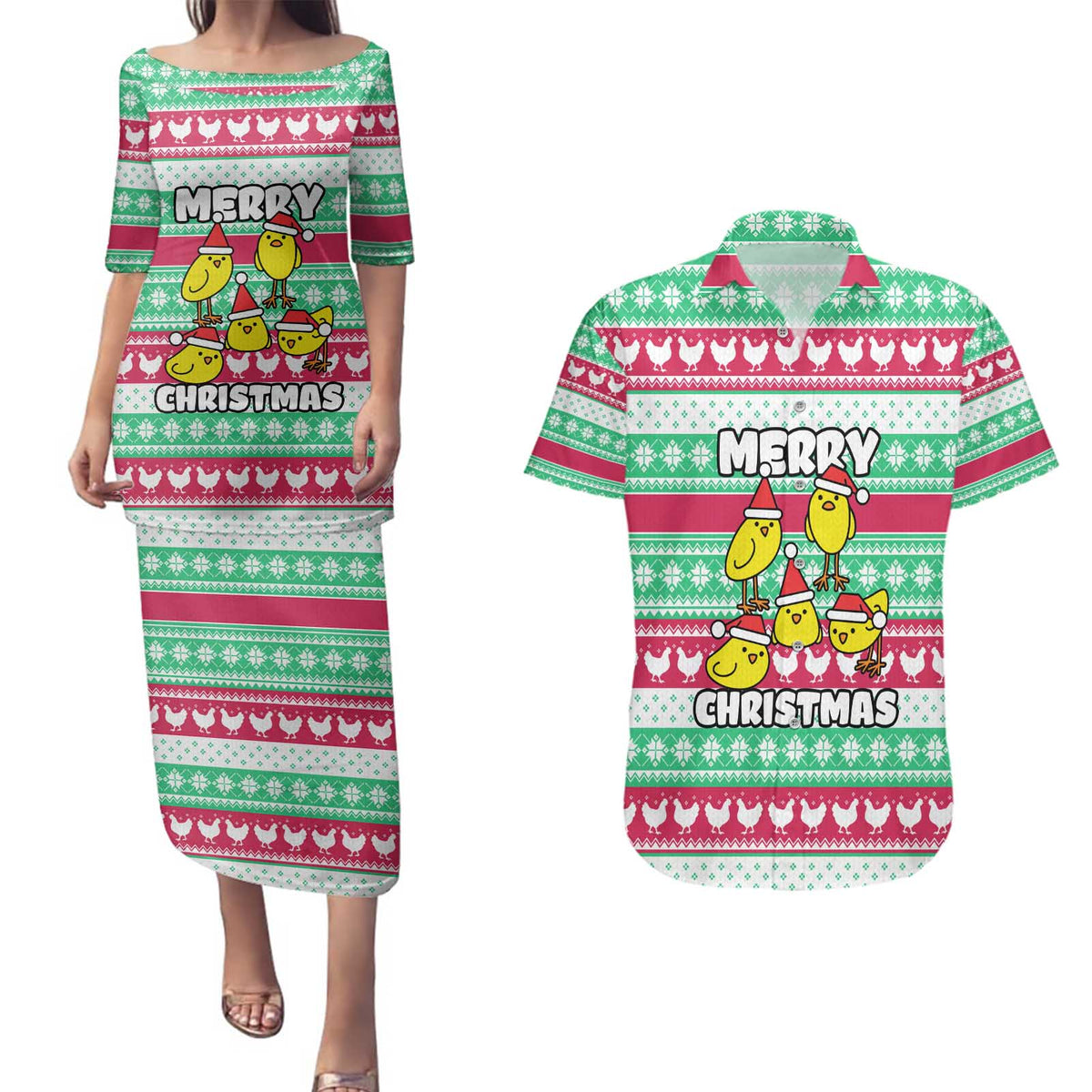 Merry Chickmas Christmas Couples Matching Puletasi and Hawaiian Shirt with Yellow Cartoon Birds in Santa Hats and Red Green Snowflake Pattern - Wonder Print Shop