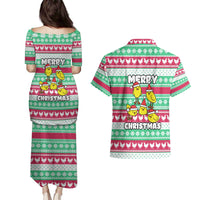 Merry Chickmas Christmas Couples Matching Puletasi and Hawaiian Shirt with Yellow Cartoon Birds in Santa Hats and Red Green Snowflake Pattern - Wonder Print Shop