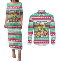 Merry Chickmas Christmas Couples Matching Puletasi and Long Sleeve Button Shirt with Yellow Cartoon Birds in Santa Hats and Red Green Snowflake Pattern - Wonder Print Shop