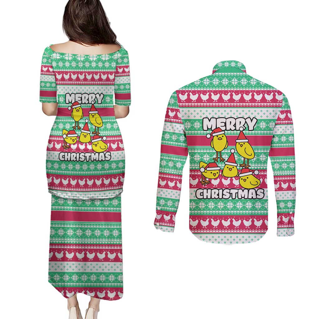 Merry Chickmas Christmas Couples Matching Puletasi and Long Sleeve Button Shirt with Yellow Cartoon Birds in Santa Hats and Red Green Snowflake Pattern - Wonder Print Shop