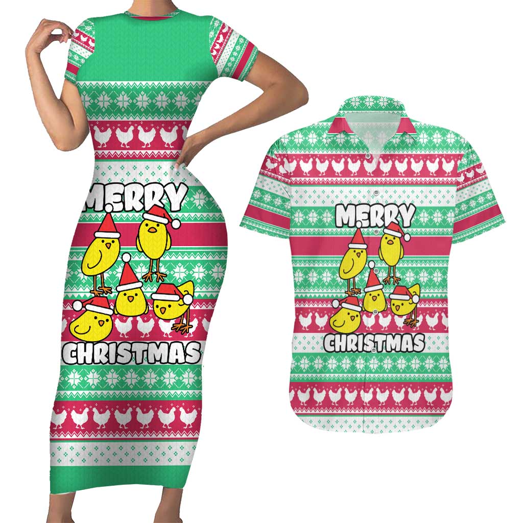 Merry Chickmas Christmas Couples Matching Short Sleeve Bodycon Dress and Hawaiian Shirt with Yellow Cartoon Birds in Santa Hats and Red Green Snowflake Pattern - Wonder Print Shop
