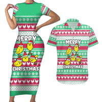 Merry Chickmas Christmas Couples Matching Short Sleeve Bodycon Dress and Hawaiian Shirt with Yellow Cartoon Birds in Santa Hats and Red Green Snowflake Pattern - Wonder Print Shop