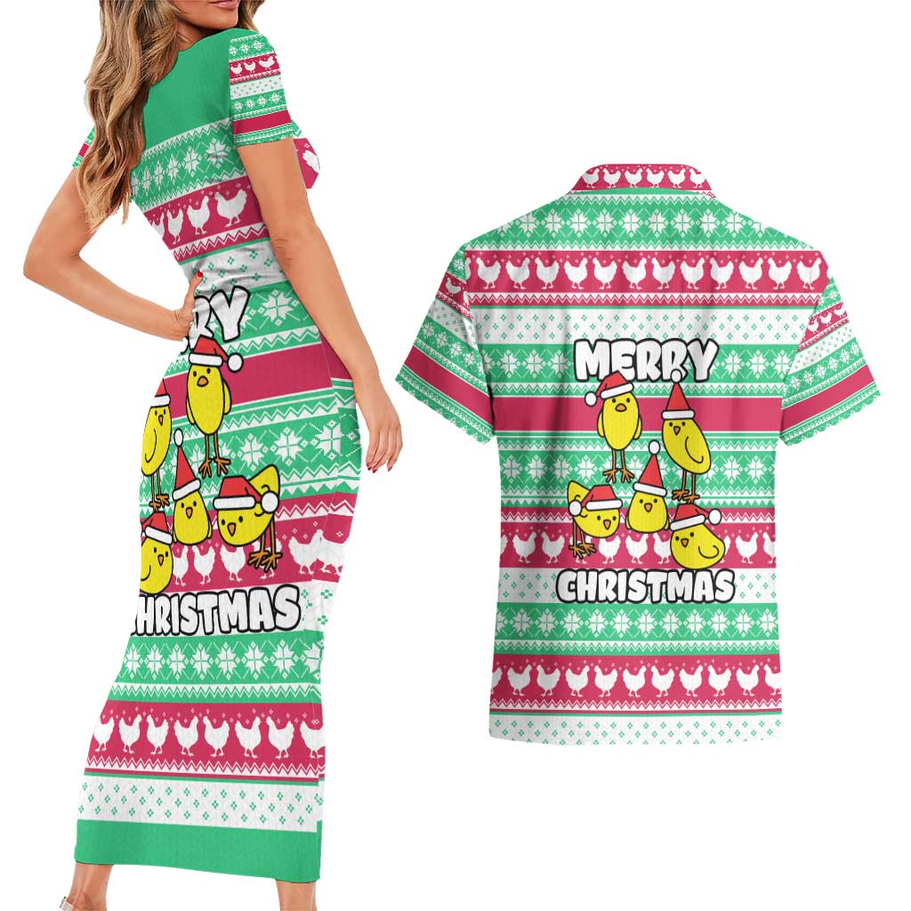 Merry Chickmas Christmas Couples Matching Short Sleeve Bodycon Dress and Hawaiian Shirt with Yellow Cartoon Birds in Santa Hats and Red Green Snowflake Pattern - Wonder Print Shop