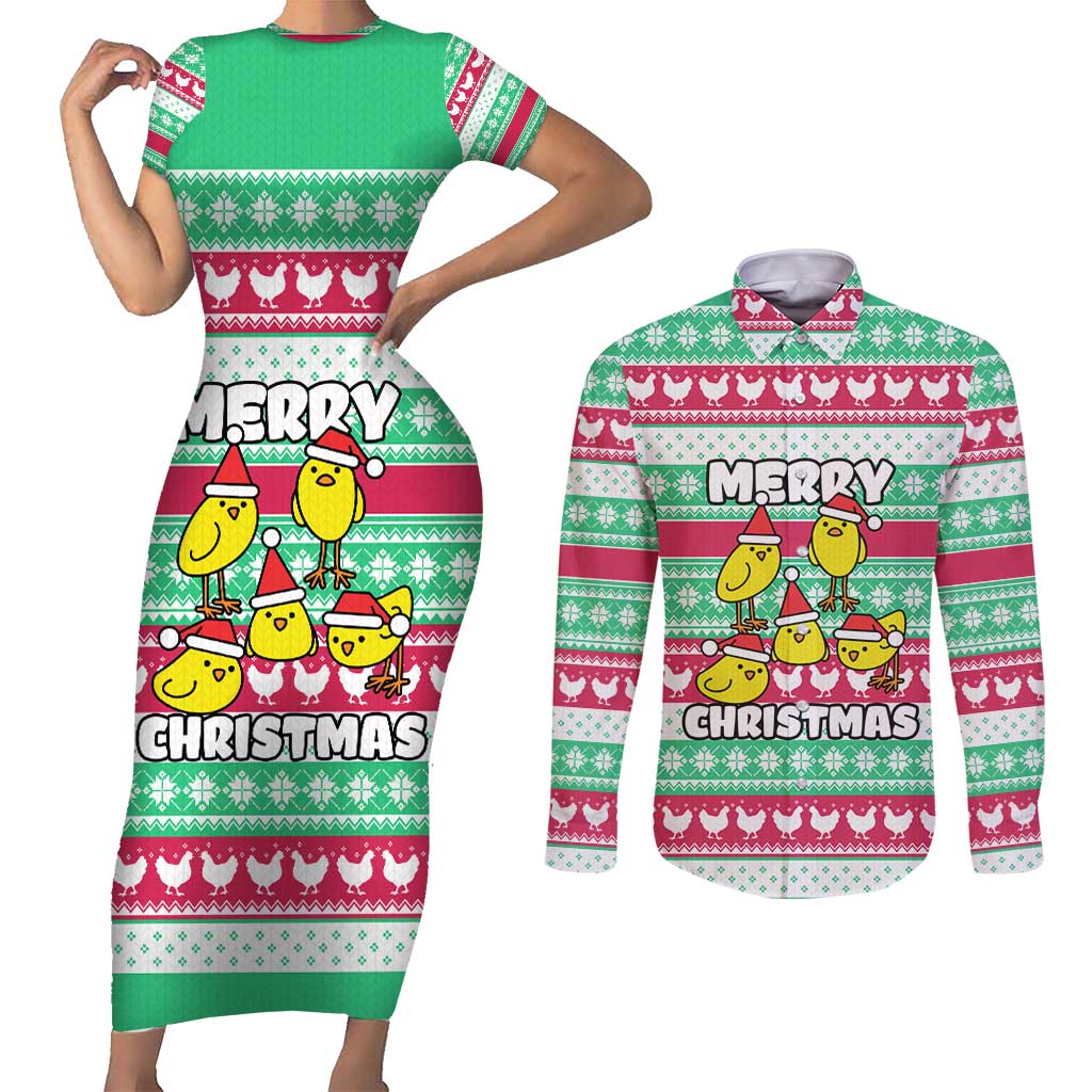 Merry Chickmas Christmas Couples Matching Short Sleeve Bodycon Dress and Long Sleeve Button Shirt with Yellow Cartoon Birds in Santa Hats and Red Green Snowflake Pattern - Wonder Print Shop