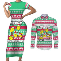 Merry Chickmas Christmas Couples Matching Short Sleeve Bodycon Dress and Long Sleeve Button Shirt with Yellow Cartoon Birds in Santa Hats and Red Green Snowflake Pattern - Wonder Print Shop