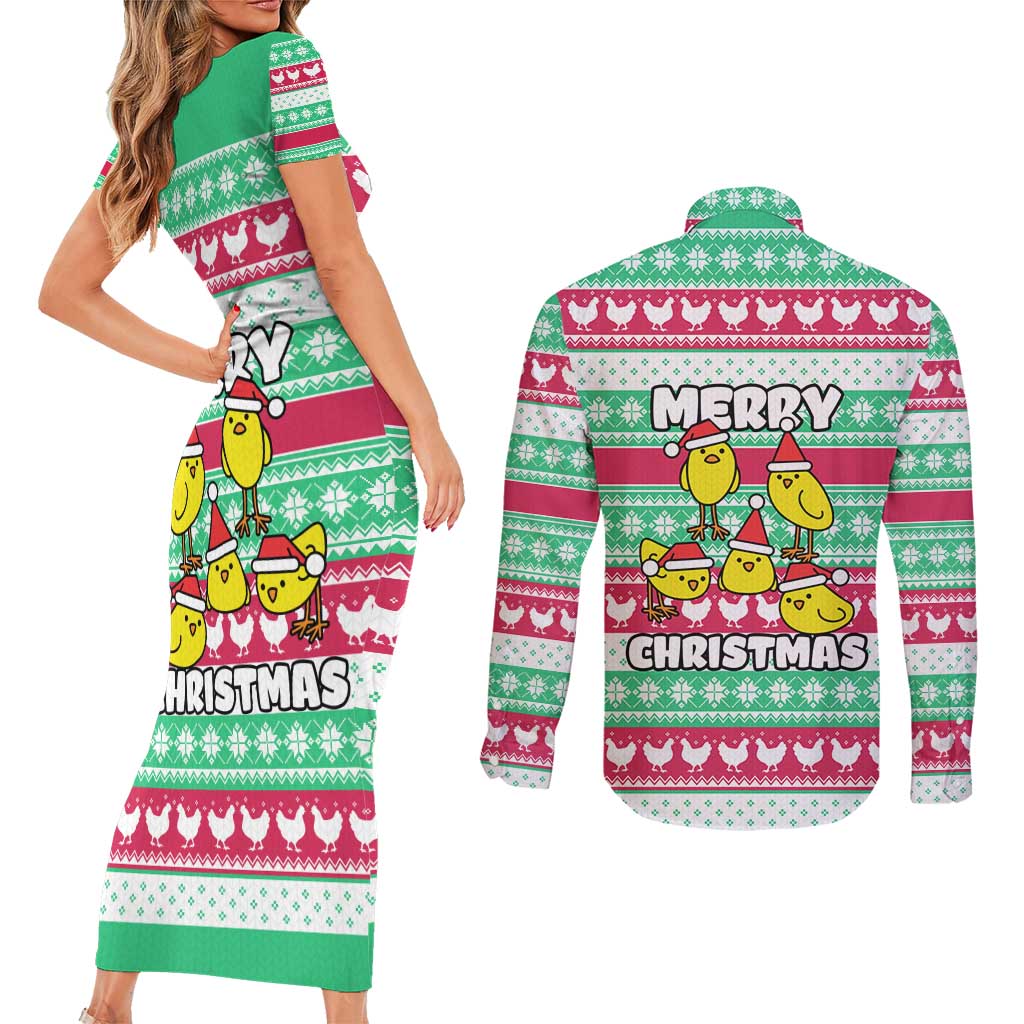 Merry Chickmas Christmas Couples Matching Short Sleeve Bodycon Dress and Long Sleeve Button Shirt with Yellow Cartoon Birds in Santa Hats and Red Green Snowflake Pattern - Wonder Print Shop