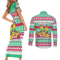 Merry Chickmas Christmas Couples Matching Short Sleeve Bodycon Dress and Long Sleeve Button Shirt with Yellow Cartoon Birds in Santa Hats and Red Green Snowflake Pattern - Wonder Print Shop