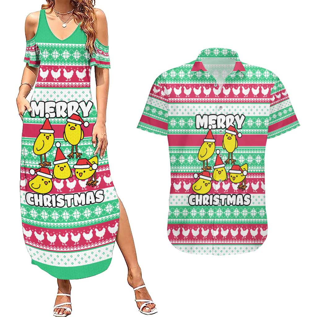 Merry Chickmas Christmas Couples Matching Summer Maxi Dress and Hawaiian Shirt with Yellow Cartoon Birds in Santa Hats and Red Green Snowflake Pattern - Wonder Print Shop