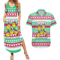 Merry Chickmas Christmas Couples Matching Summer Maxi Dress and Hawaiian Shirt with Yellow Cartoon Birds in Santa Hats and Red Green Snowflake Pattern - Wonder Print Shop