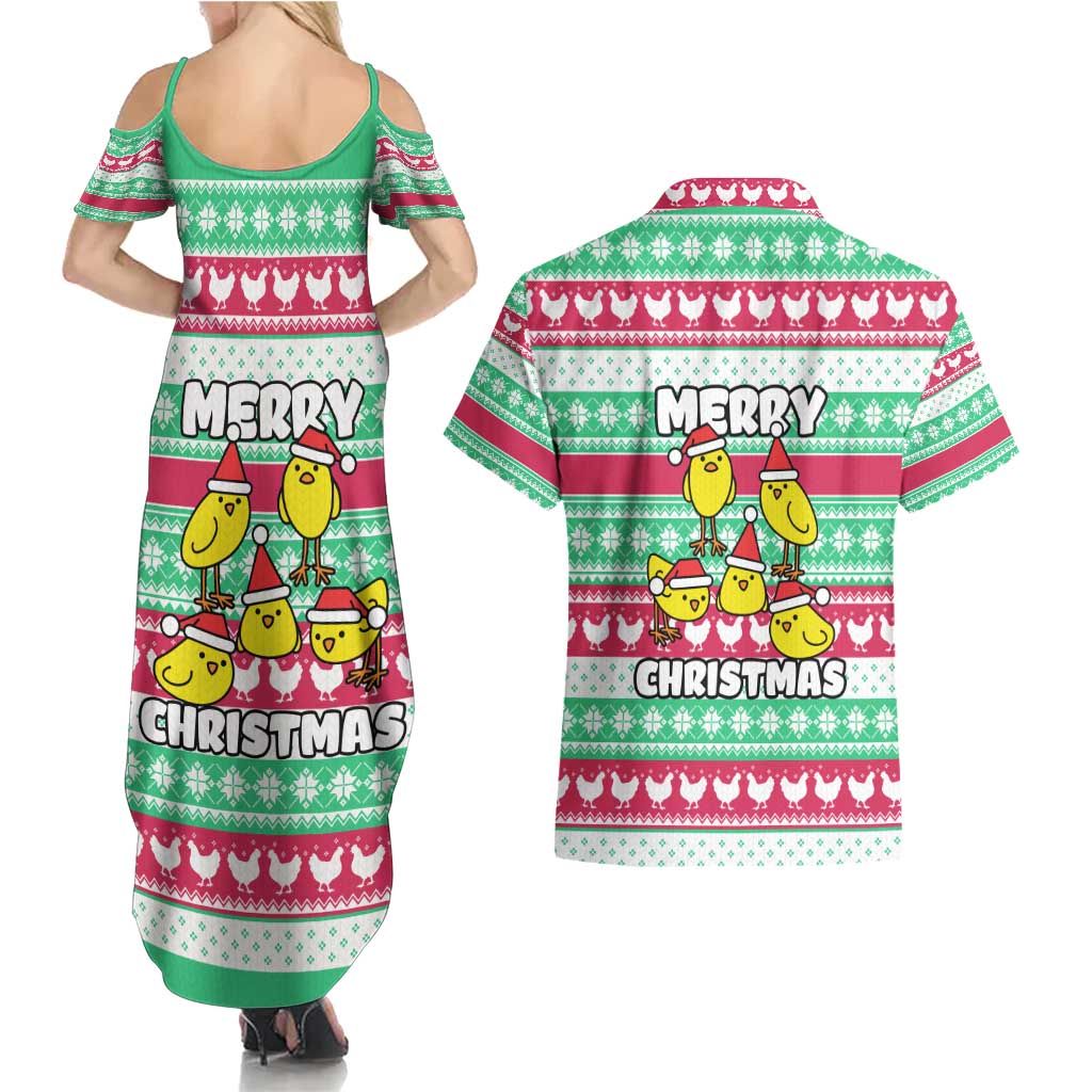 Merry Chickmas Christmas Couples Matching Summer Maxi Dress and Hawaiian Shirt with Yellow Cartoon Birds in Santa Hats and Red Green Snowflake Pattern - Wonder Print Shop