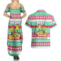 Merry Chickmas Christmas Couples Matching Summer Maxi Dress and Hawaiian Shirt with Yellow Cartoon Birds in Santa Hats and Red Green Snowflake Pattern - Wonder Print Shop