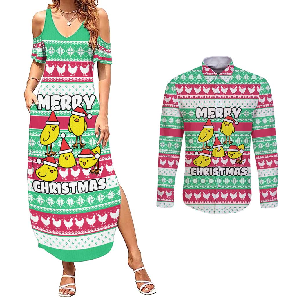 Merry Chickmas Christmas Couples Matching Summer Maxi Dress and Long Sleeve Button Shirt with Yellow Cartoon Birds in Santa Hats and Red Green Snowflake Pattern - Wonder Print Shop