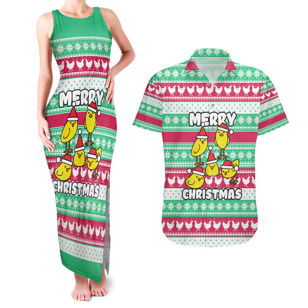 Merry Chickmas Christmas Couples Matching Tank Maxi Dress and Hawaiian Shirt with Yellow Cartoon Birds in Santa Hats and Red Green Snowflake Pattern - Wonder Print Shop