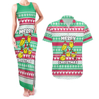 Merry Chickmas Christmas Couples Matching Tank Maxi Dress and Hawaiian Shirt with Yellow Cartoon Birds in Santa Hats and Red Green Snowflake Pattern - Wonder Print Shop
