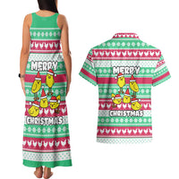 Merry Chickmas Christmas Couples Matching Tank Maxi Dress and Hawaiian Shirt with Yellow Cartoon Birds in Santa Hats and Red Green Snowflake Pattern - Wonder Print Shop